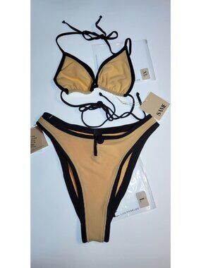 SAME Los Angeles Swim Bikini Set 2Pc Triangle Top XL High Weist Bottom L Beige